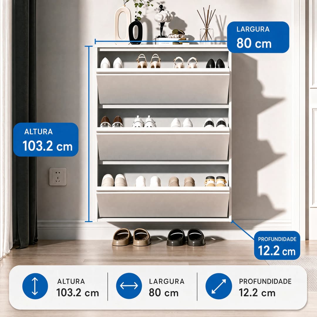 Sapateira de Parede Compact em Aço Branco com 3 Basculantes — foto 4